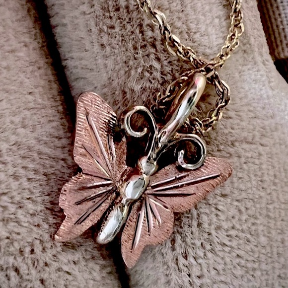 10K Two-Tone Gold Butterfly Pendant – White & Yellow Gold Handmade Charm